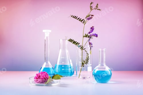 Preview: laboratory beakers with reagents, a sprig of mouse peas and a rosehip flower in a petri dish