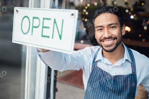 Preview: Happy Asian man, small business and smile with open sign on window for service in coffee shop or re