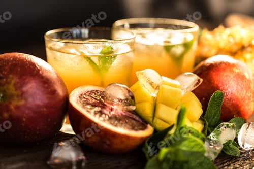Preview: Glasses of juices. Refreshments and summer drinks