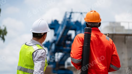 Preview: The survey team is operating a theodolite while referencing road construction plans.