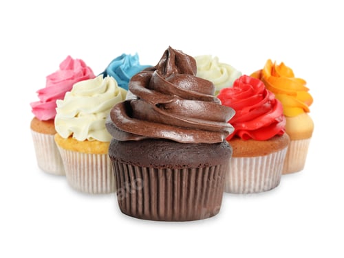 Preview: Delicious cupcakes with colorful cream isolated on white