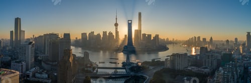 Preview: Shanghai Skyline and Huangpu River at Sunrise. Lujiazui District. Panoramic Aerial View.