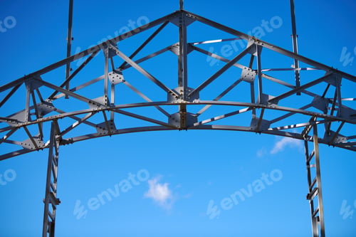 Preview: Steel frame of warehouse for goods. Metal construction of railway building.