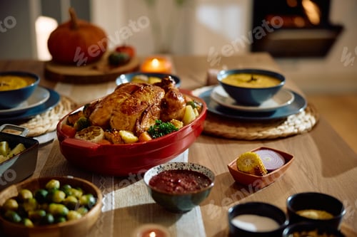 Preview: Roast turkey on Thanksgiving dinner table at home.