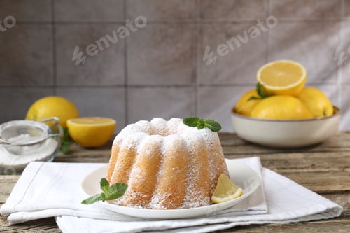 Preview: Tasty lemon cake with powdered sugar, fresh fruit slice and mint on wooden table