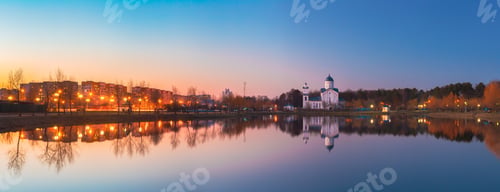 Preview: Panoramic View Of Alexander Nevsky Orthodox Church Behind Illuminated City Lake, Gomel Belarus