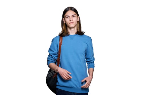 Preview: Portrait of young guy with backpack on white isolated background