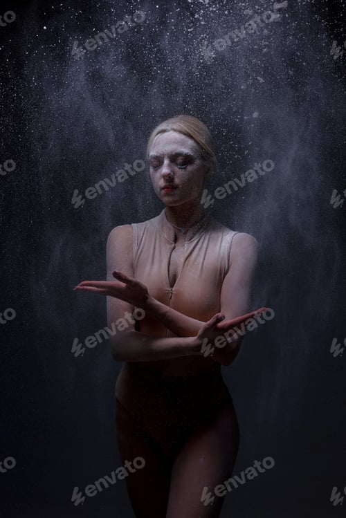 Preview: Ballerina Jumping, Modern Ballet Dancer in Pointe Shoes, Black Background, Woman is dancing, a cloud