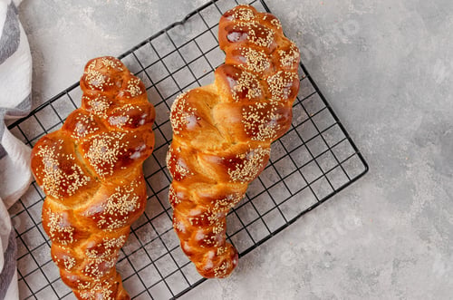 Preview: Traditional festive challah yeast bread or sweet bread with sesame. Jewish cuisine. Top view.
