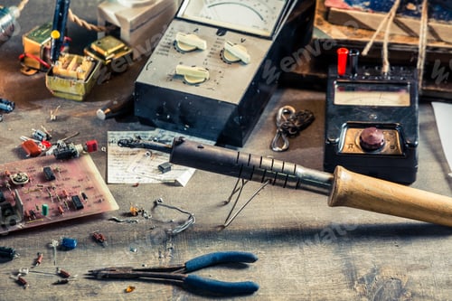 Preview: Electronics components in laboratory on old wooden table