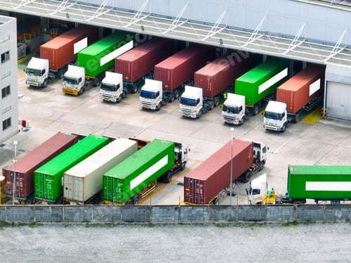 Preview: Freight trucks at warehouse loading dock. Industry logistics and distribution center. Logistics