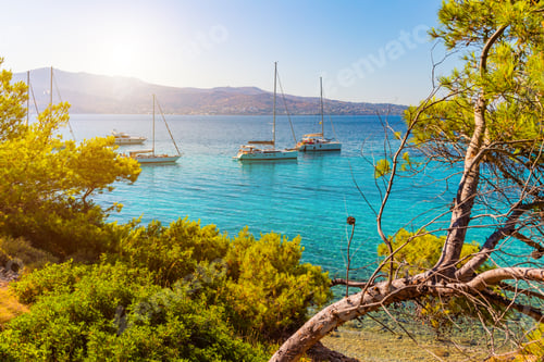 Preview: View of an emerald and transparent mediterranean sea with yachts