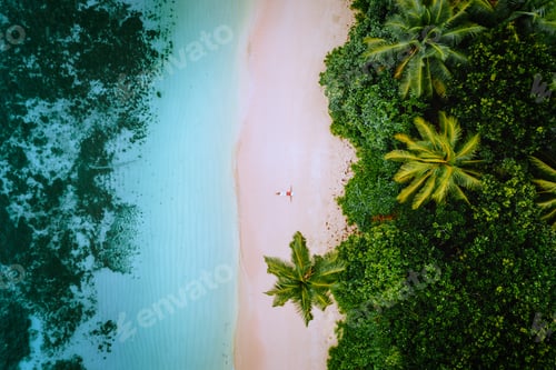 Preview: Aerial view of a young woman relaxing on the tropical paradise sandy beach surrounded by palm trees