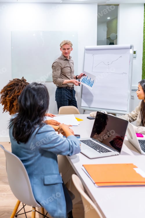 Preview: Managers presenting growth strategies to coworkers in coworking office