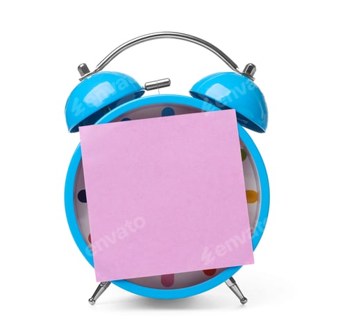 Preview: Alarm clock with empty sticky note on white background. Time concept