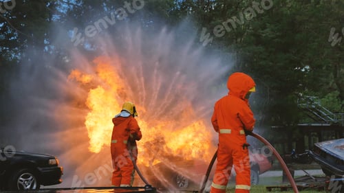 Preview: Firefighter fighting with flame using fire hose chemical water foam spray engine. Fireman hard hat