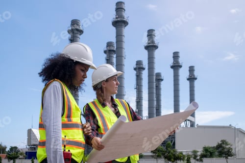 Preview: Engineers wearing safety gear, including hard hats examining survey a large blueprint tablet standin