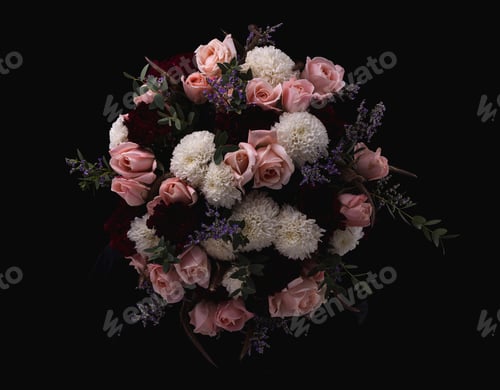 Preview: Closeup shot of a luxurious bouquet of pink roses and white, red dahlias on a black background