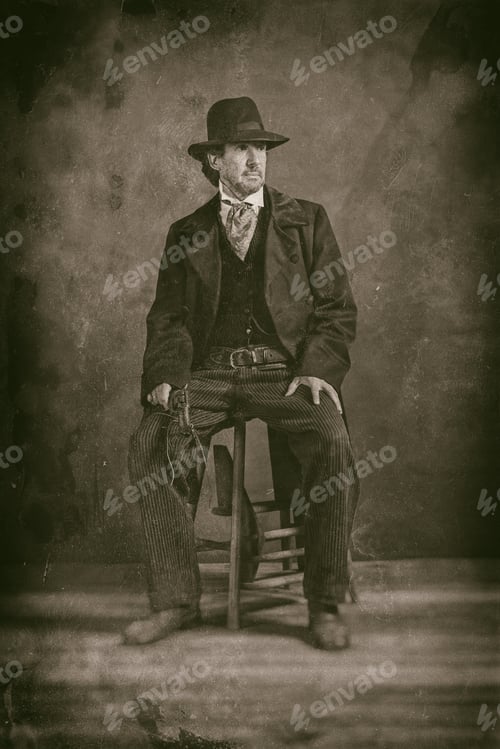 Preview: Classic Wet Plate Photo Of Vintage 1900 Western Mature Man With Revolver Sitting On Wooden Stool.