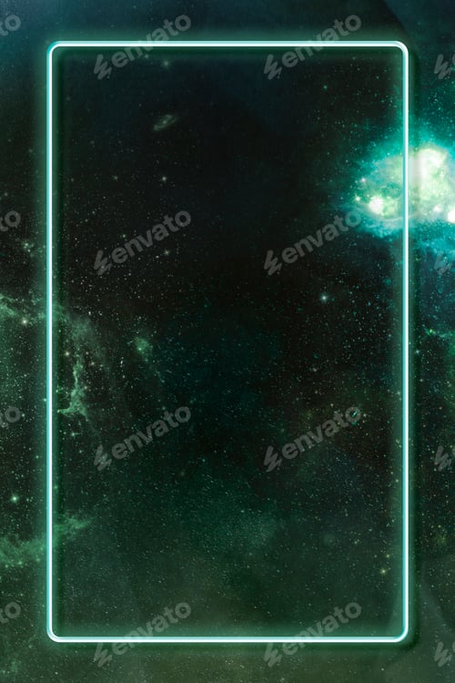 Preview: Glowing neon frame on a dark green galaxy background