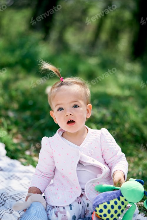 Preview: Little girl with a rattle in her hands sits on a checkered bedspread on a green lawn