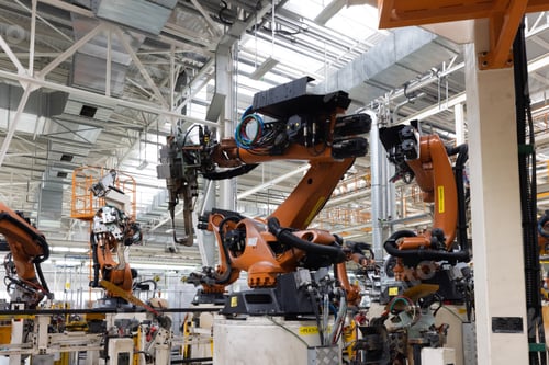 Preview: Photo of automobile production line. Welding car body. Modern car assembly plant. Auto industry