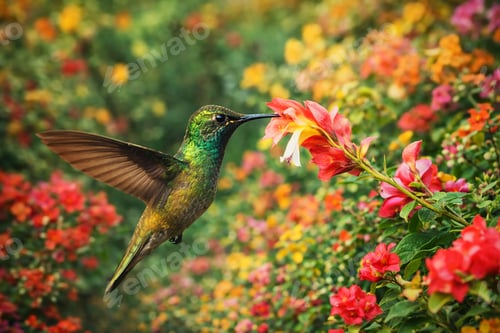 Preview: Hummingbird among flowers