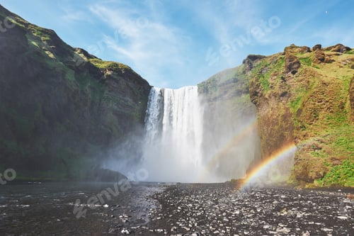 Preview: Great waterfall Skogafoss in south of Iceland near the town of Skogar. Dramatic and picturesque