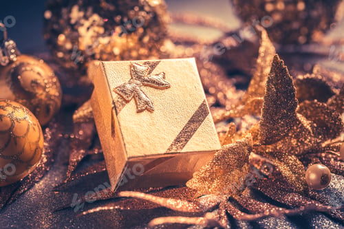 Preview: Beautiful Christmas golden deco baubles with gifts, Happy New Year