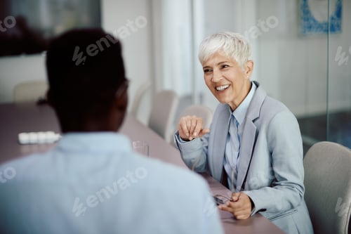 Preview: Happy mature CEO talking to her coworker during business meeting in the office.