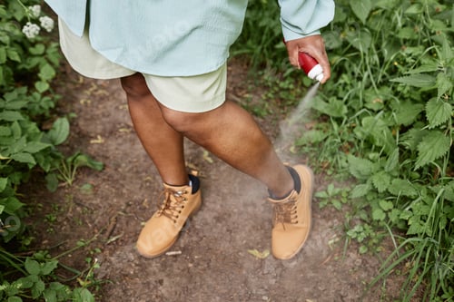Preview: Closeup of black woman spaying legs with bug repellent while travelling
