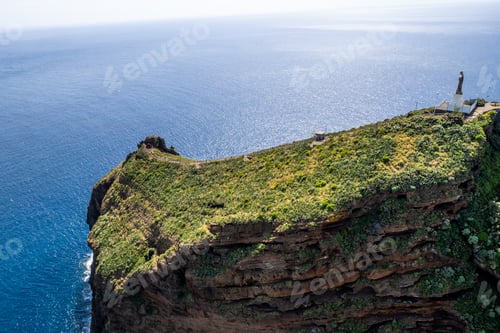 Preview: Jesus Christ Statue of Christ the King in Garajau (Cristo Rei ) near Funchal. Aerial drone view