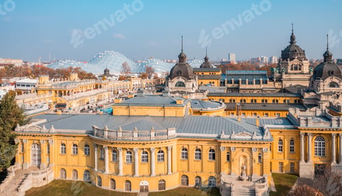 Preview: Aerial view of Szechenyi outdoor thermal baths during the morning light in Budapest, Hungary
