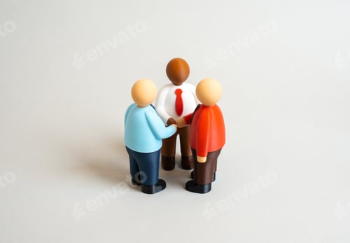 Preview: Three office workers holding hands in a circle. Joining forces, cooperation. Partnership