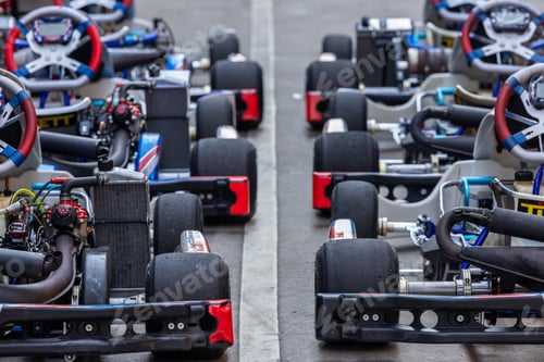 Preview: Race go kart car in row on the pit lane, Racing kart wait for race, Go kart.