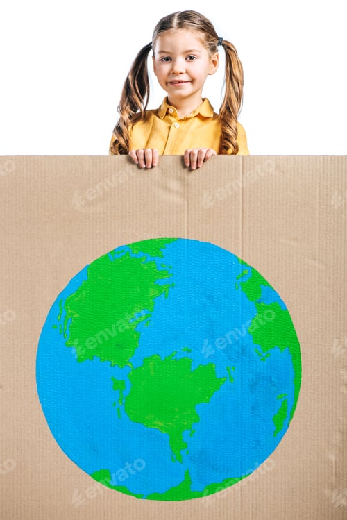 Preview: adorable kid holding placard with globe sign, isolated on white, earth day concept