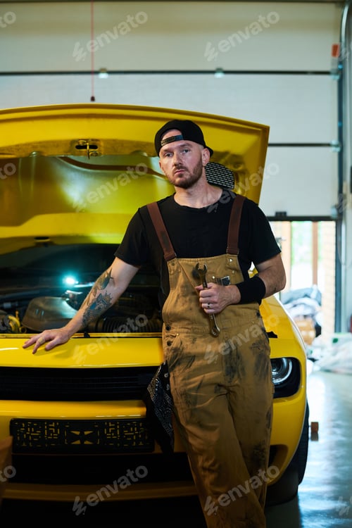 Preview: Young serious worker of car maintenance service standing by automobile