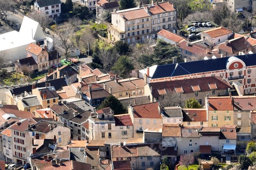 Preview: Aerial view of dense historic center of Thiers town in Puy-de-Dome department