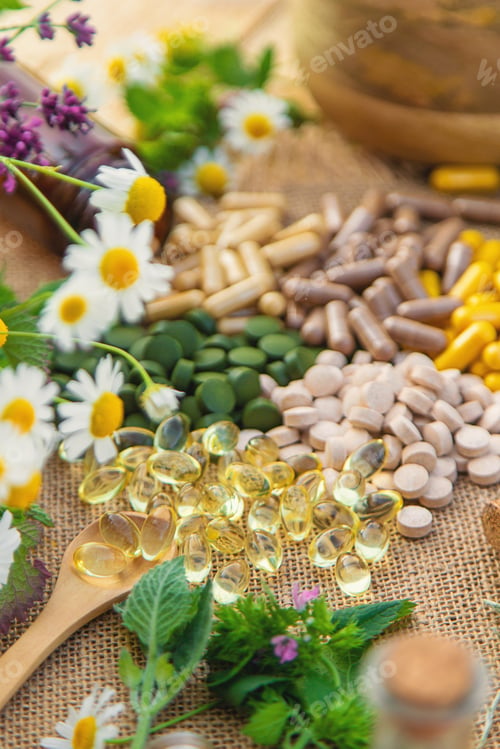 Preview: Supplementi and medicinal herbs and flowers. Selective focus.