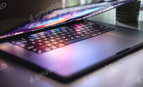 Preview: Close up of laptop keyboard colorful neon illumination, backlit keyboard.