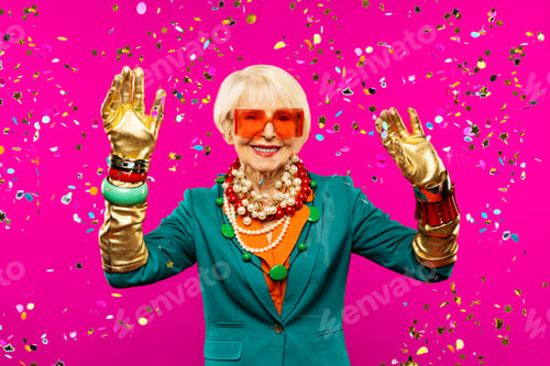 Preview: Cool and stylish senior old woman with fashionable clothes