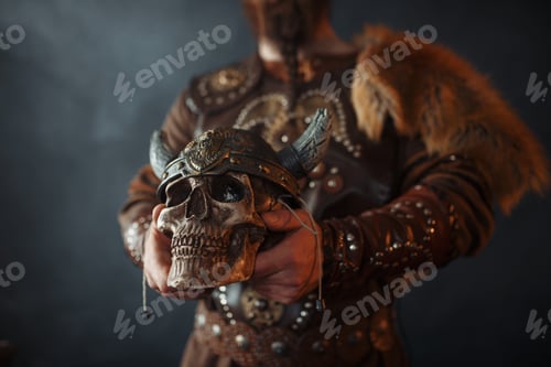 Preview: Viking holds human skull in helmet