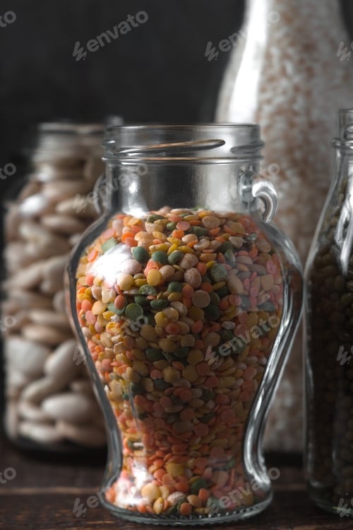 Preview: Lentils, rice in glass jars healthy food