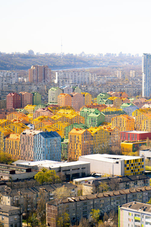 Preview: view from the roof of huge multi-colored metropolis many houses urban spring landscape high-rise