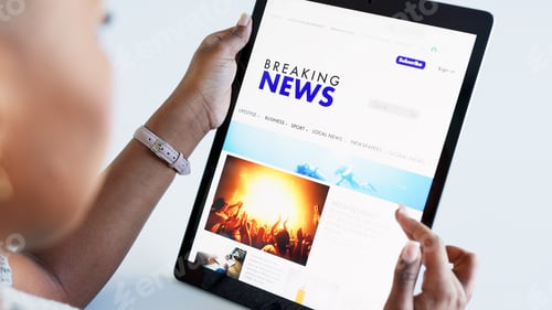 Preview: Hands, tablet and news with a woman reading on a website and doing research on current events. Head