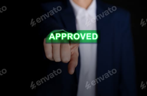 Preview: Business woman touching button Approve on virtual screen against black background, closeup