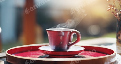 Preview: Steam, morning and cup of tea, home and aroma of Oolong, hot and beverage for health benefits and f