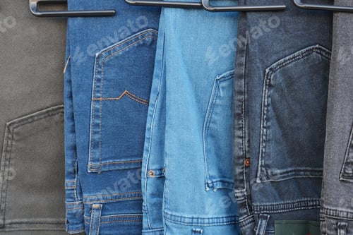 Preview: A collection of assorted denim jeans displayed neatly on hangers