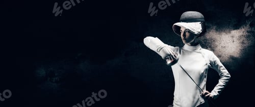 Preview: Charming Girl Dressed As A Fencer Posing With A Mask And A Sword. The Concept Of Fencing. Mixed