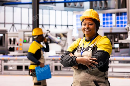 Preview: Female Engineer in Automated Factory Overseeing Robotic Arm and Conveyor Belt